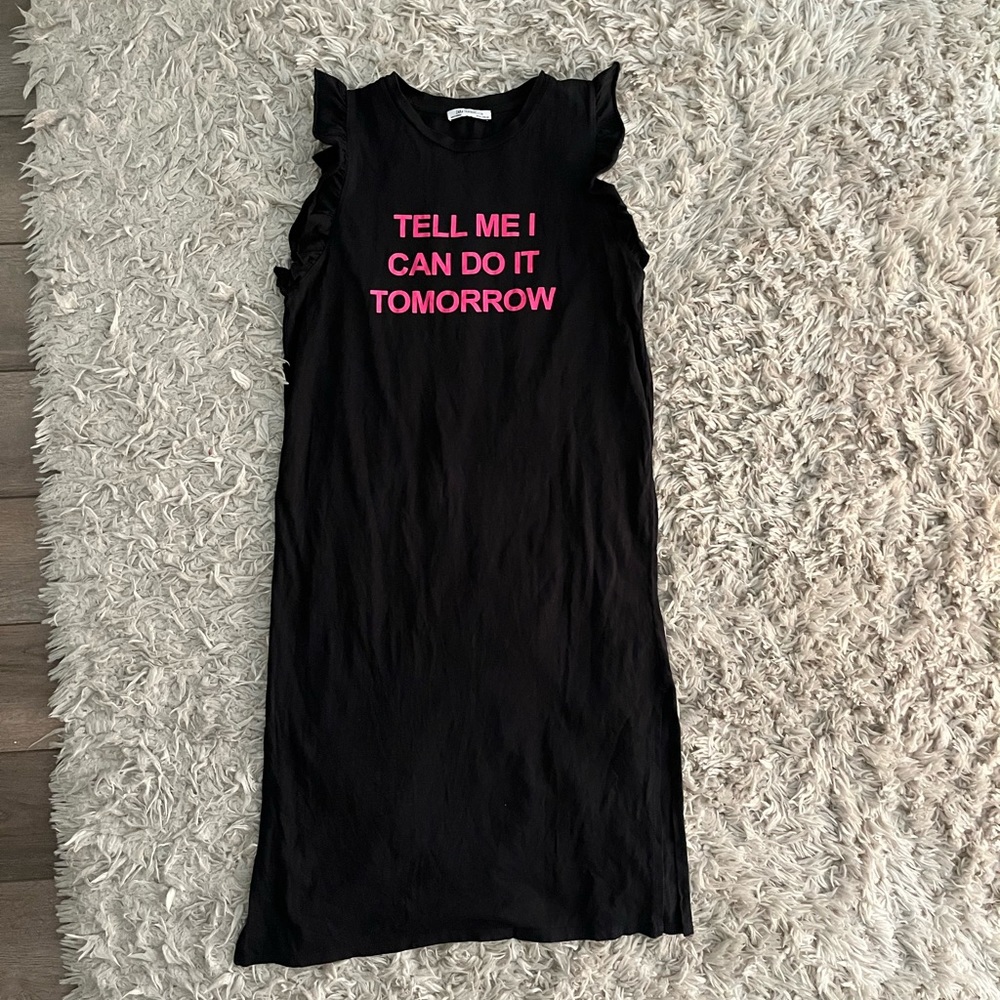 ZARA Trafaluc S Black Print Dress “Tell Me I can Do It Tomorrow” side slit